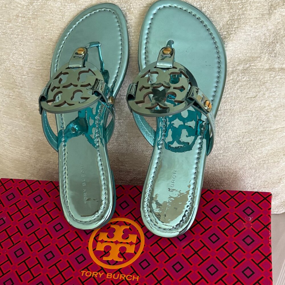 Tory Burch Miller Mirrored Metallic Sandal- Teal Color - Picture 2 of 11